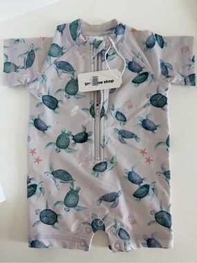 Little One Shop Baby Turtle Rash Guard Romper - Teal & Light Gray